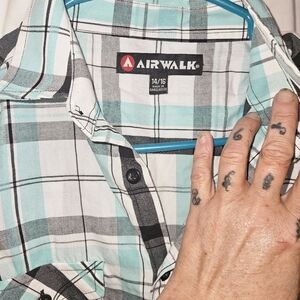 Airwalk Boys Plaid Button Front Shirt Size 14/16 Teal Gray Black